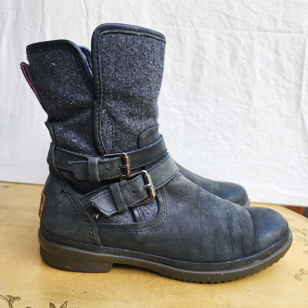 UGG Simmens Sz 7 Waterproof Gray Leather & Wool Moto Biker Shearling Lined Boots